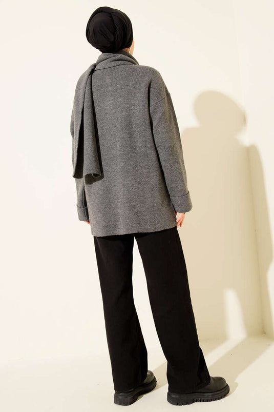 Scarf-Detailed, Buttoned, Pocketed Knitted Cardigan, Dark Gray