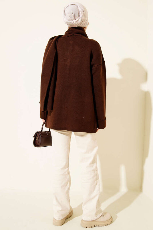 Scarf-Detailed Buttoned Pocket Knitted Cardigan, Brown