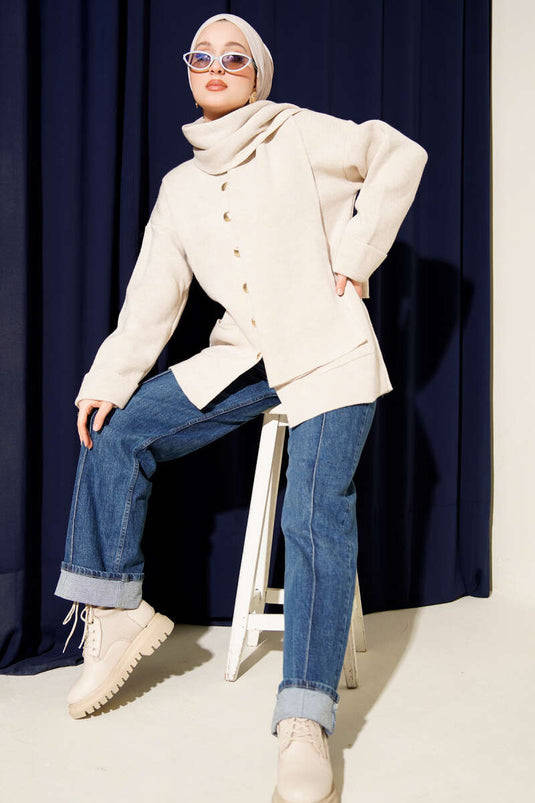 Stone Knit Cardigan with Scarf, Buttons and Pockets