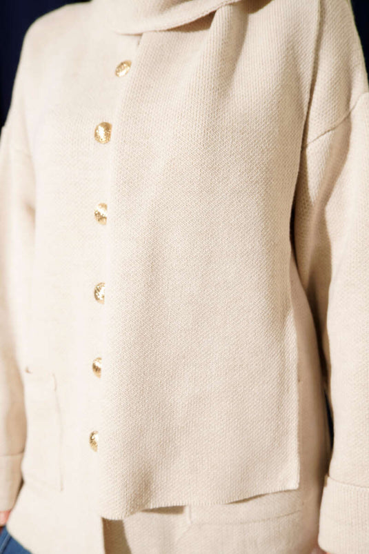 Stone Knit Cardigan with Scarf, Buttons and Pockets