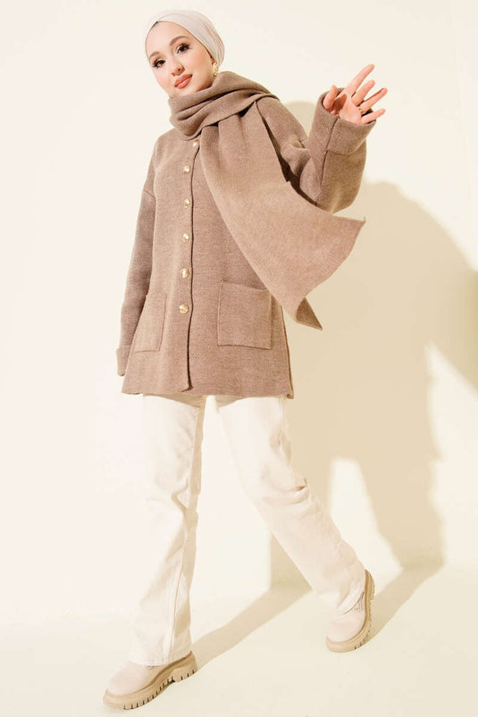 Scarf-Style Buttoned Pocketed Knitted Cardigan, Mink Color
