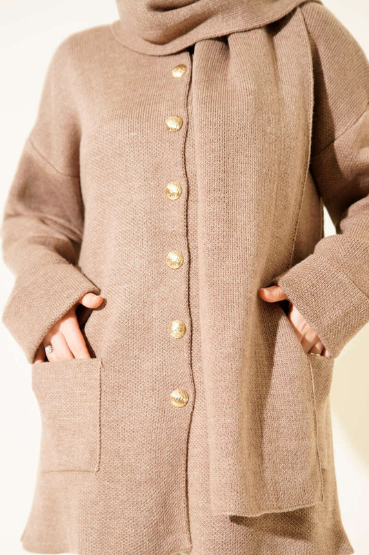 Scarf-Style Buttoned Pocketed Knitted Cardigan, Mink Color