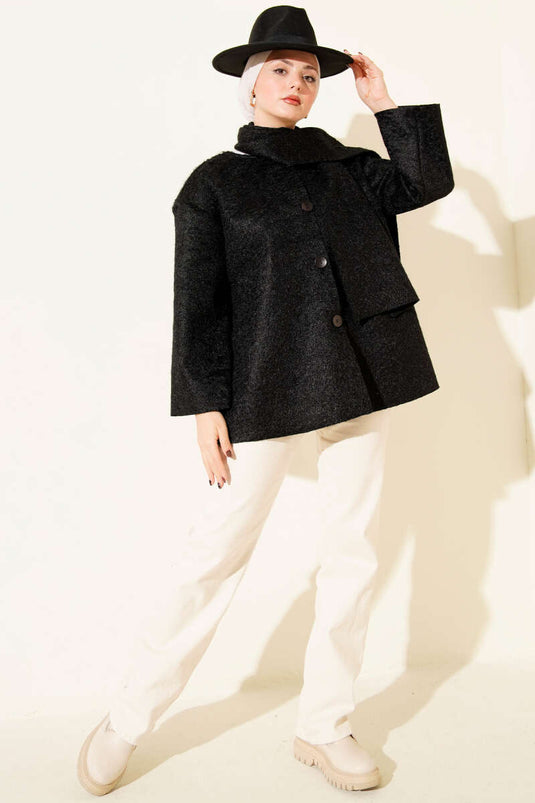 Atkılı Düğmeli Sakallı Ceket Siyah