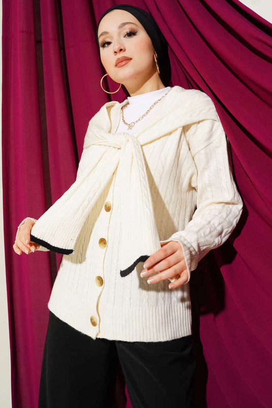 Atkılı Örgülü Kısa Triko Hırka Ekru