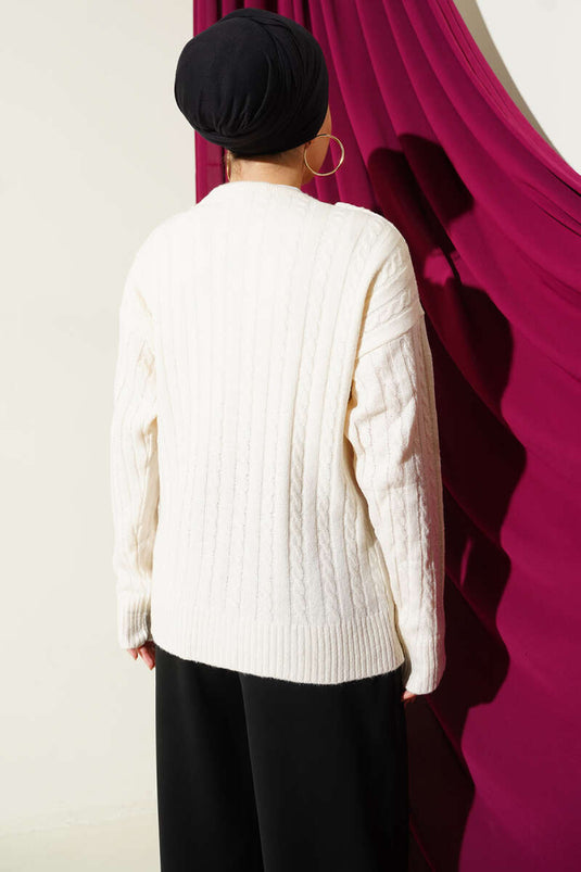 Atkılı Örgülü Kısa Triko Hırka Ekru