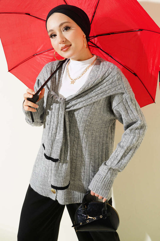 Atkılı Örgülü Kısa Triko Hırka Gri