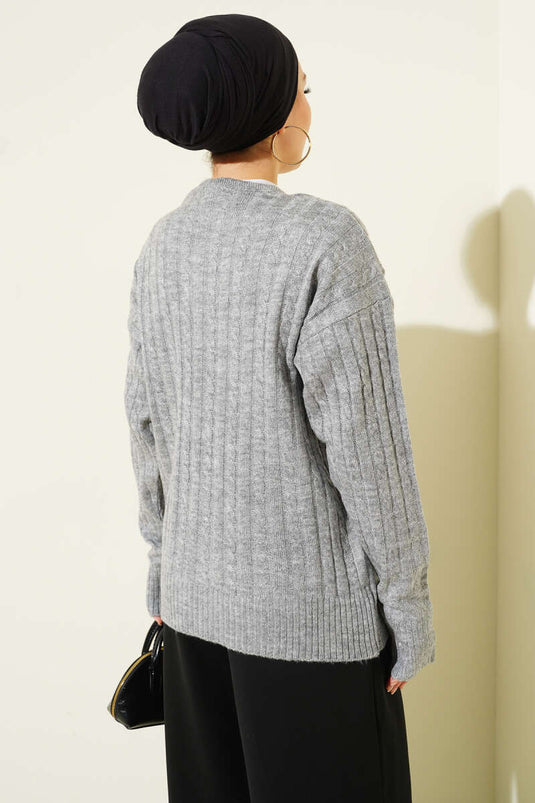 Atkılı Örgülü Kısa Triko Hırka Gri