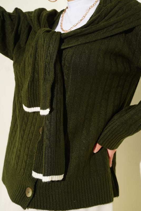 Atkılı Örgülü Kısa Triko Hırka Haki