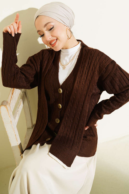 Atkılı Örgülü Kısa Triko Hırka Kahve