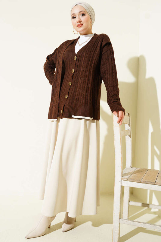 Atkılı Örgülü Kısa Triko Hırka Kahve