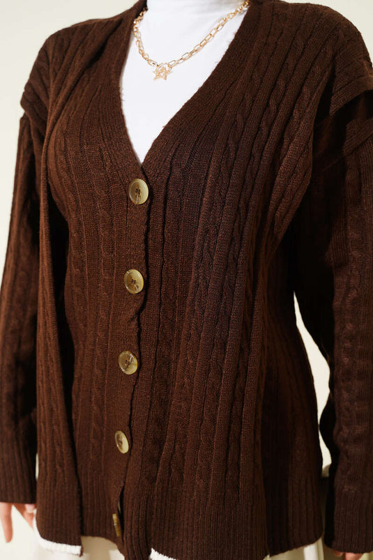 Atkılı Örgülü Kısa Triko Hırka Kahve