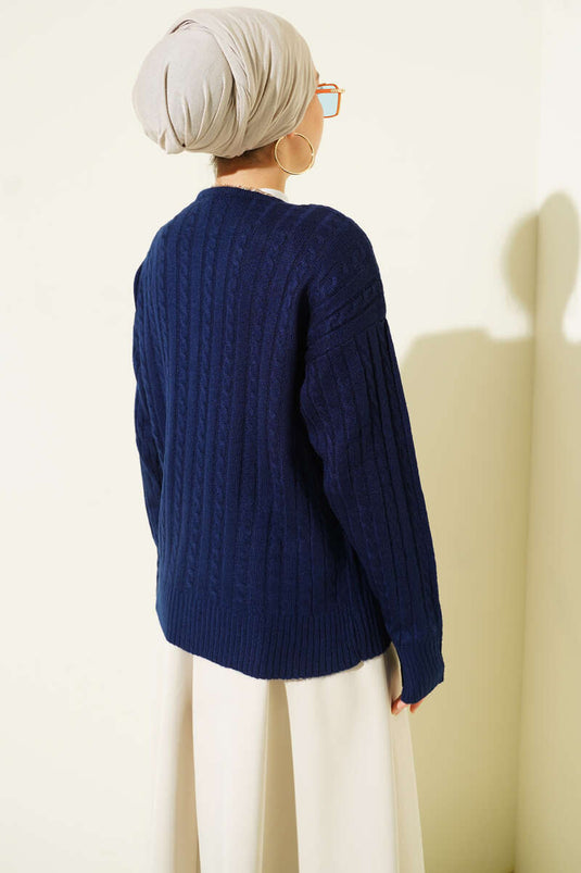 Atkılı Örgülü Kısa Triko Hırka Lacivert