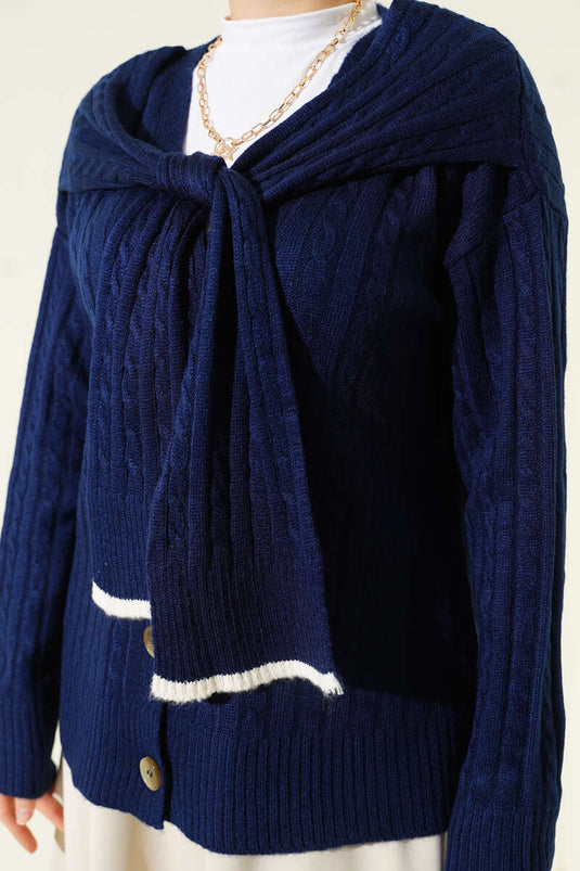 Atkılı Örgülü Kısa Triko Hırka Lacivert