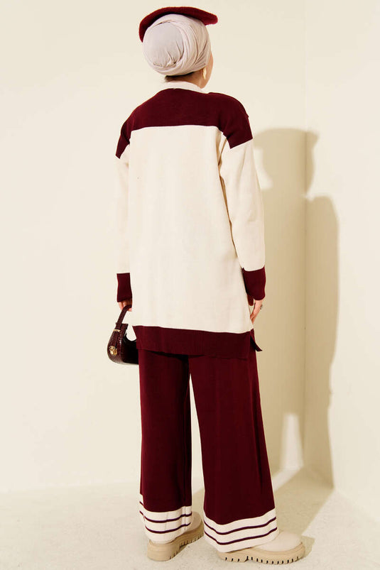 Two-Piece Knitted Set with Scarf and Stripe Detail, Burgundy