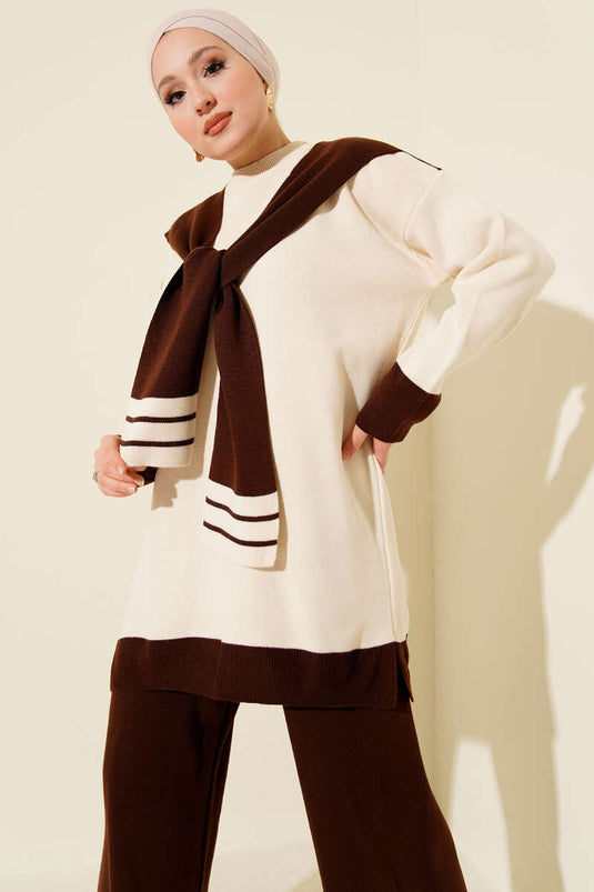 Two-Piece Knitted Set with Scarf and Stripe Detail, Coffee