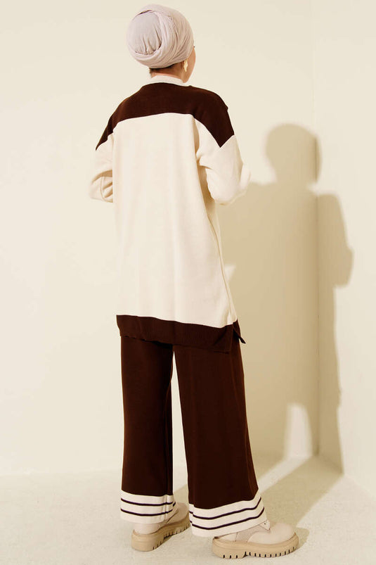 Two-Piece Knitted Set with Scarf and Stripe Detail, Coffee