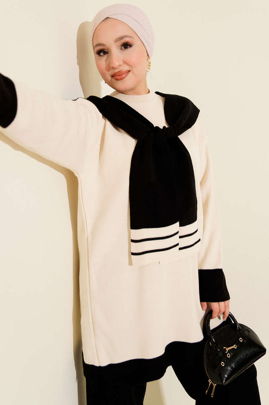 Two-Piece Knitted Set with Scarf and Stripe Detail, Black