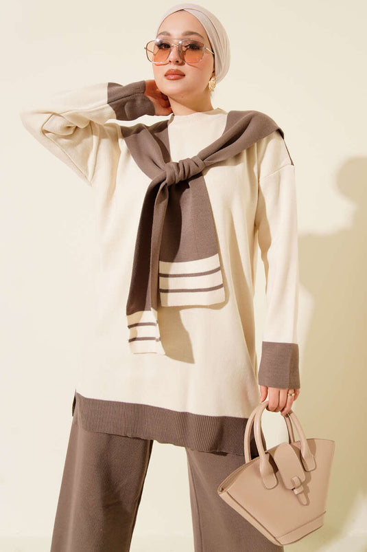 Two-Piece Knitted Set with Scarf and Stripe Detail, Mink Color
