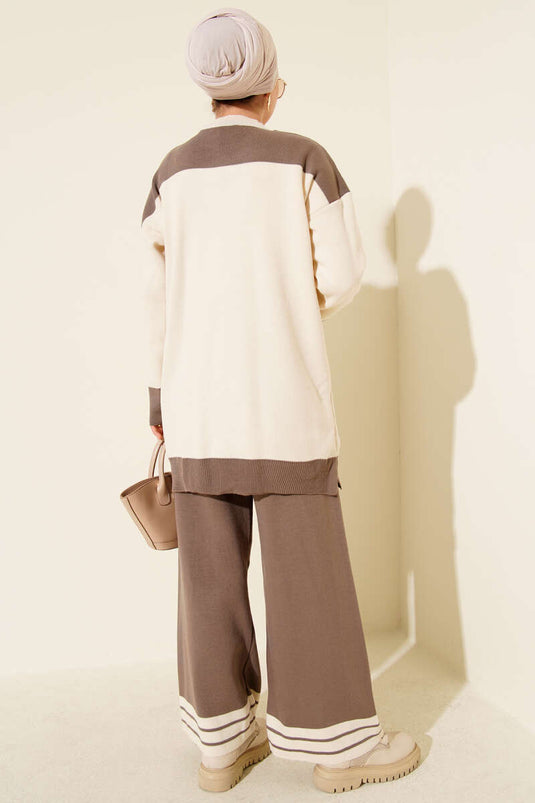 Two-Piece Knitted Set with Scarf and Stripe Detail, Mink Color