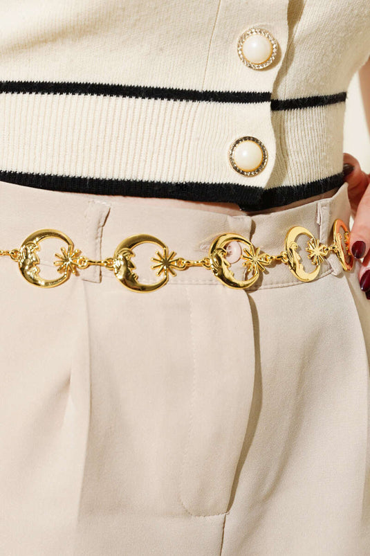 Gold Chain Belt with Crescent Moon and Star Design