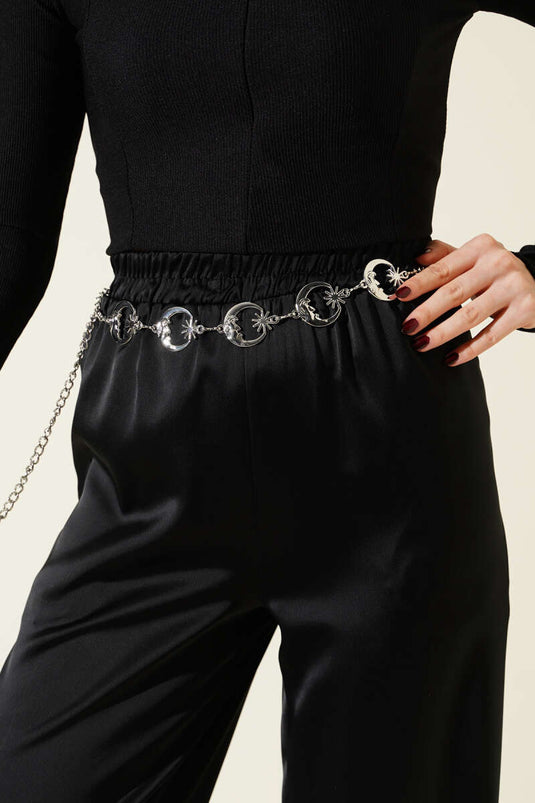 Silver Chain Belt with Crescent Moon and Star Design