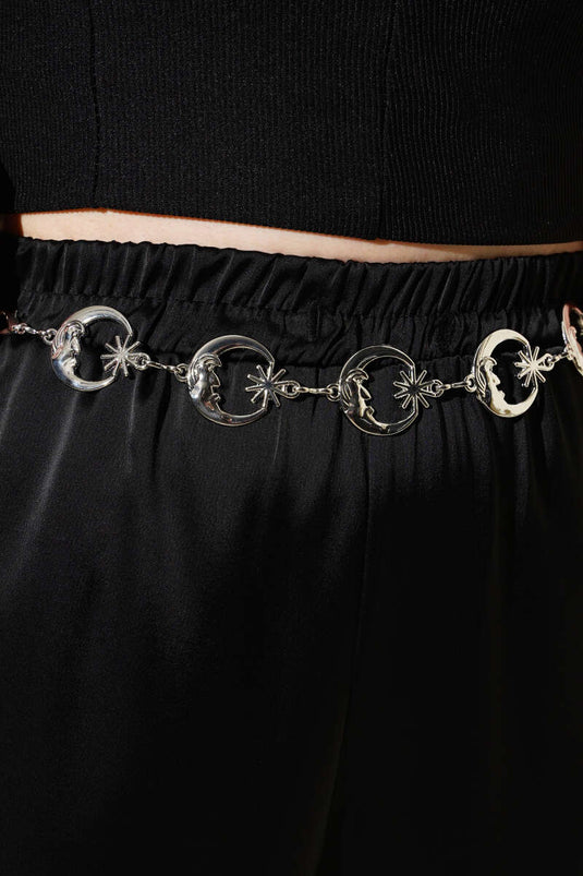 Silver Chain Belt with Crescent Moon and Star Design