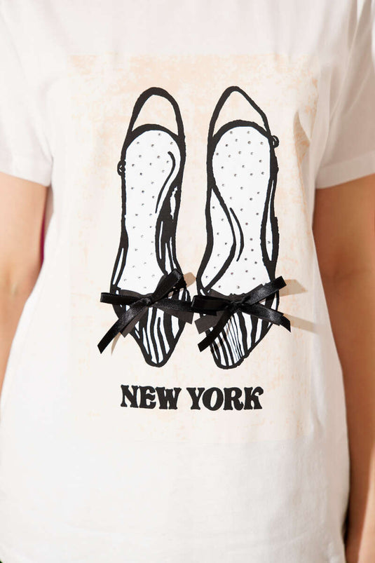 T-shirt with Shoe Pattern Print Ecru