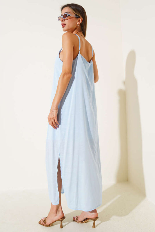 Ayarlanabilir Askılı Yan Yırtmaçlı Elbise Mavi