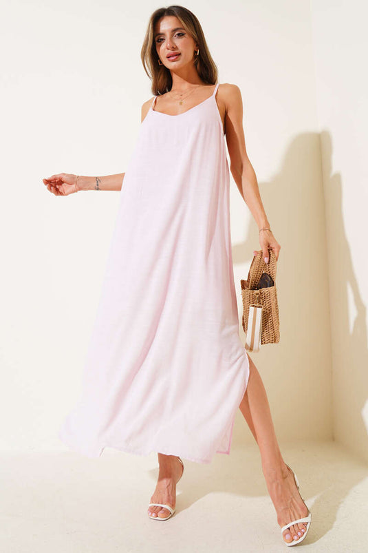 Ayarlanabilir Askılı Yan Yırtmaçlı Elbise Pembe