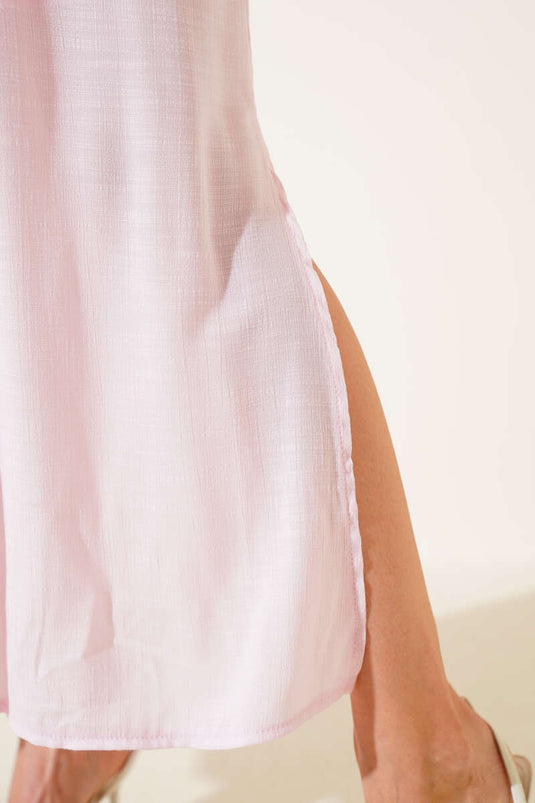 Ayarlanabilir Askılı Yan Yırtmaçlı Elbise Pembe