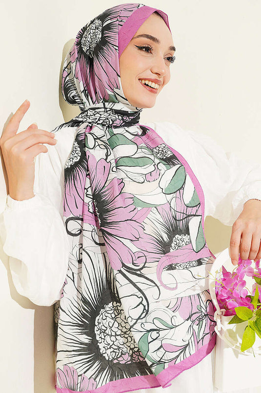 Ayçiçeği Desen Bambu Kraş Şal Fuşya