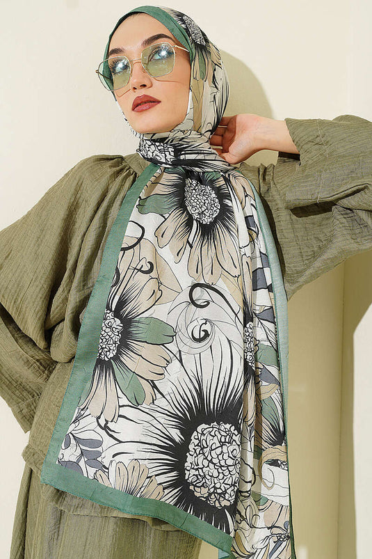 Ayçiçeği Desen Bambu Kraş Şal Yeşil