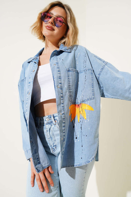 Jeanshemd mit Sonnenblumenmuster, blau