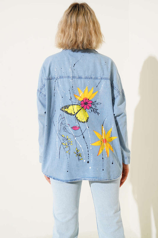 Ayçiçeği Desen Kot Gömlek Mavi