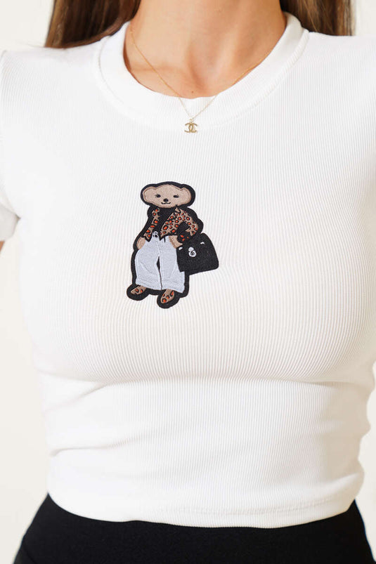 Ayı Nakışlı Kaşkorse Crop Beyaz
