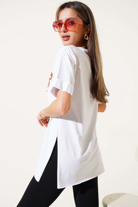 Ayıcık Baskılı Duble Kol T-shirt Beyaz