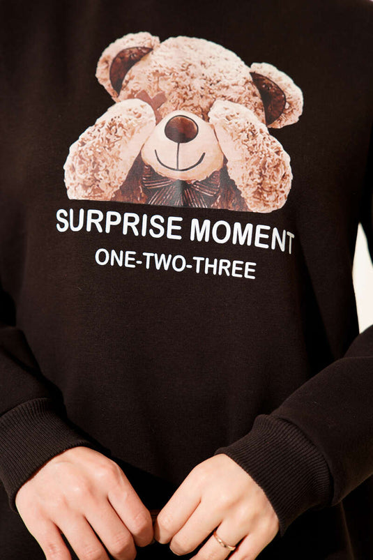 Ensemble deux pièces à trois fils imprimé ours en peluche, marron foncé