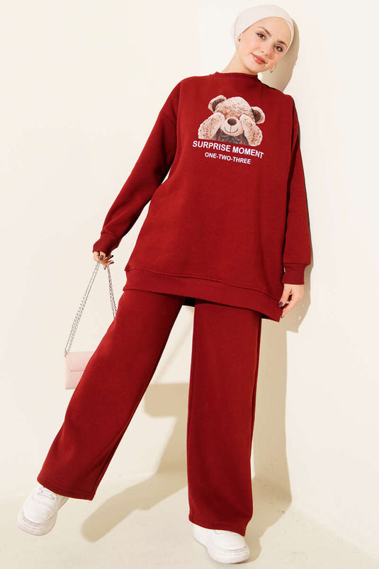 Ensemble deux pièces trois fils à motif ours en peluche, bordeaux