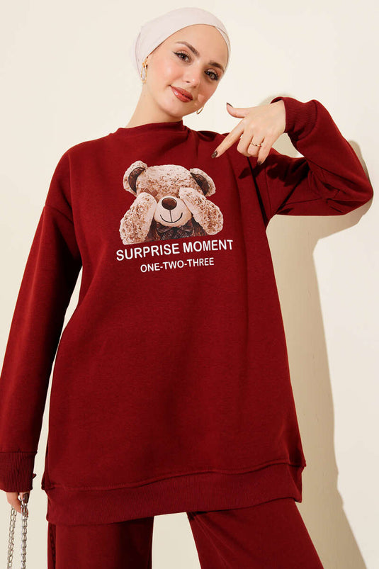 طقم من قطعتين بنقشة دببة تيدي، مصنوع من ثلاثة خيوط، لون عنابي