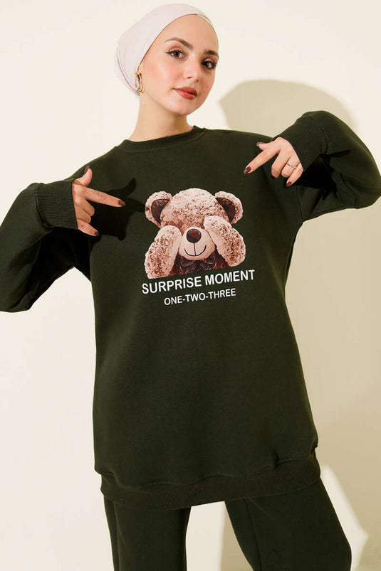 طقم من قطعتين بنقشة دببة تيدي، مصنوع من ثلاثة خيوط، لون كاكي