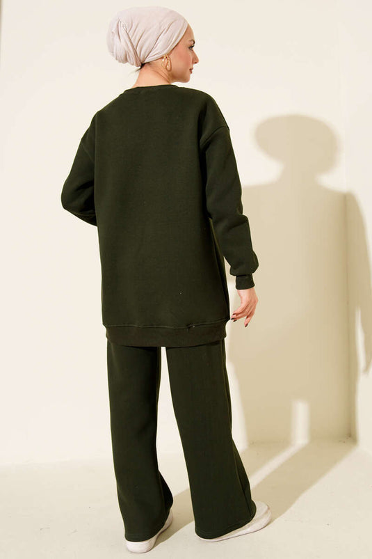 طقم من قطعتين بنقشة دببة تيدي، مصنوع من ثلاثة خيوط، لون كاكي