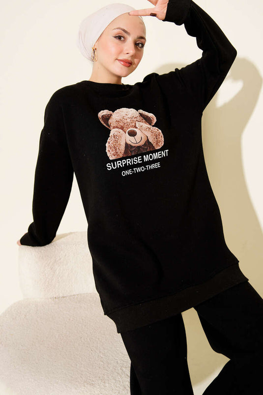 طقم قطعتين بنقشة دب تيدي، بثلاثة خيوط، أسود