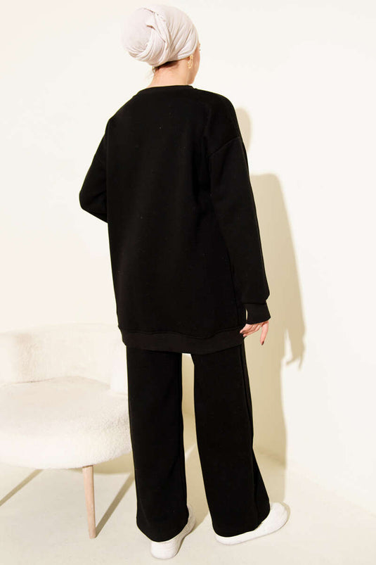 طقم قطعتين بنقشة دب تيدي، بثلاثة خيوط، أسود