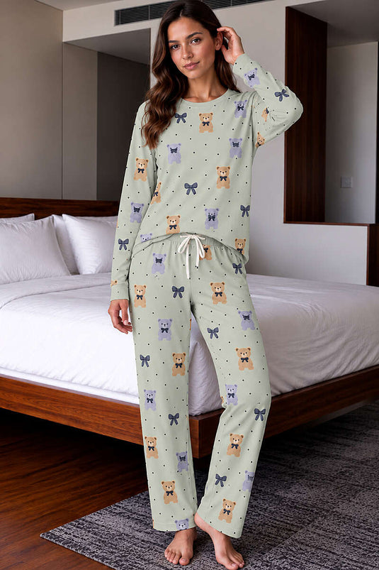 Ayıcık Desenli Bağcıklı Kadın Pijama Takımı Asorti 2