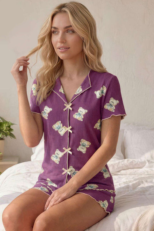 Ensemble pyjama avec short et nœud à motif ourson violet