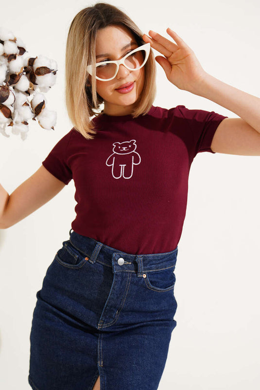 Teddy Bear Patterned Embroidered Camisole Blouse Burgundy