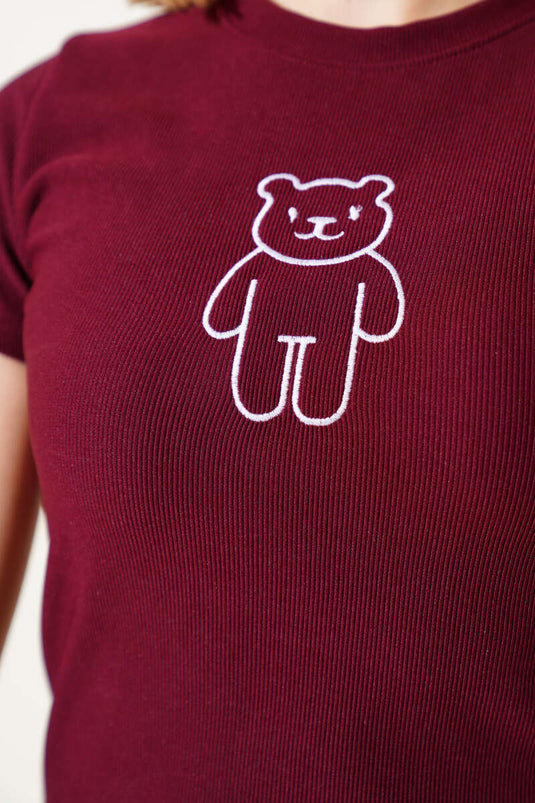 Teddy Bear Patterned Embroidered Camisole Blouse Burgundy
