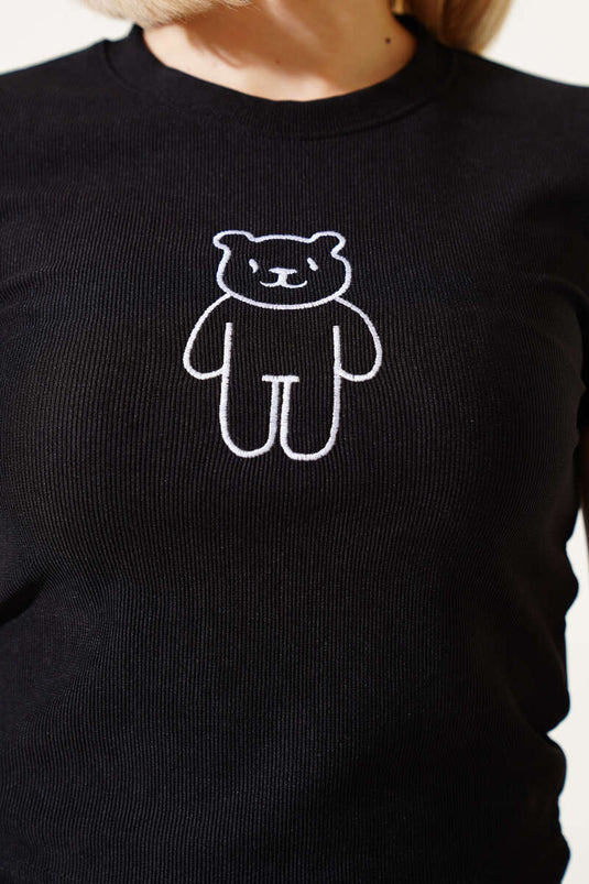 Teddy Bear Patterned Embroidered Camisole Blouse Black