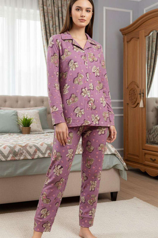 Bear Patterned Suede Crossed Collar Pajama Set Lilac