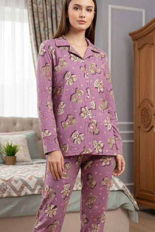 Bear Patterned Suede Crossed Collar Pajama Set Lilac